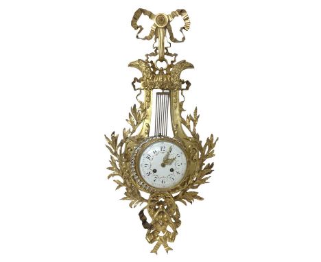 Good quality 19th century French Louis XVI-style ormolu cartel clock with paste set pendulum ring, painted porcelain dial wit