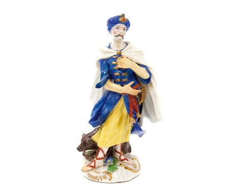 Mid 18th century Meissen figure of Cyrus, emblematic of Persia, modelled by Kaendler, wearing a turban, white cloak, blue coa