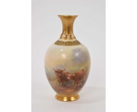 Miniature Royal Worcester vase decorated with highland cattle by James Stinton, model number 286, 11.25cm highLong hairline r