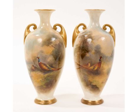 Pair of Royal Worcester vases decorated with pheasants by James Stinton, model number 287, 20cm highBoth in good condition wi
