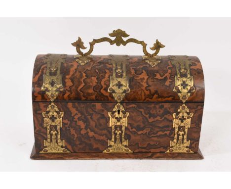 Victorian grained walnut dome topped tea caddy with brass mounts, the interior fitted with twin lidded caddies and central ap