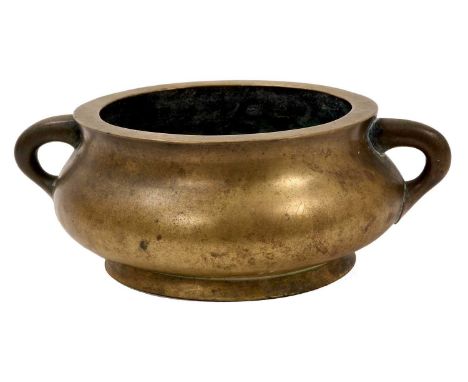 Chinese bronze censor of good size, typical twin handled squat form, with six character mark to base, 21cm wide