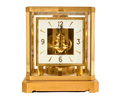 Jaeger Le Coultre Atmos VIII clock, in brushed gilt case 23.5cm high with instructions and keyGood original condition, runs f