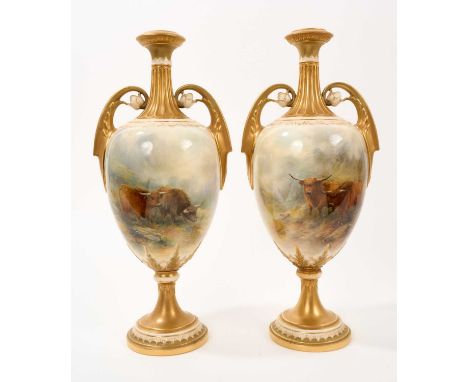 Large pair of Royal Worcester vases, decorated with cattle by James Stinton, model number 248, 35.5cm highOne with restoratio