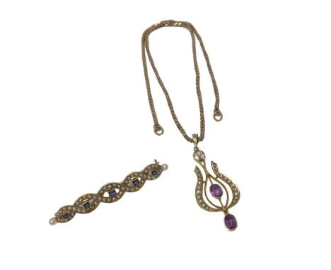 Edwardian 14K gold sapphire and seed pearl bar brooch and similar amethyst and seed pearl pendant on gilt metal chain