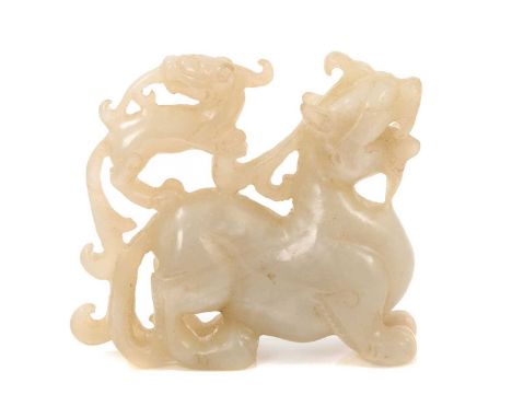 Chinese jade carving of a chilong on the back of another, 7cm long