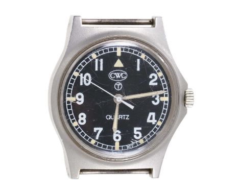 CWC quartz military wristwatch with black dial, white numerals, luminous hands and markers in steel case marked with broad ar