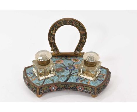 Late 19th century Japanese cloisonné enamel inkstand, with rear horseshoe pen rack and twin lidded removable glass inkwells o