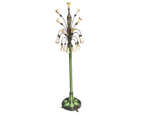 Art Deco revival standard mosaic lamp, with figural support raised on mosaic tile column and pierced organic base, issuing 17