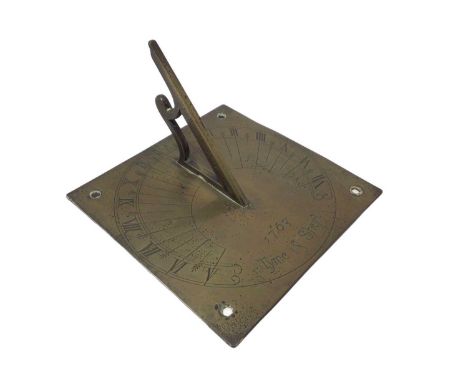 Antique brass sundial, engraved with the legend 'Tyme is short 1707', 23cm wide