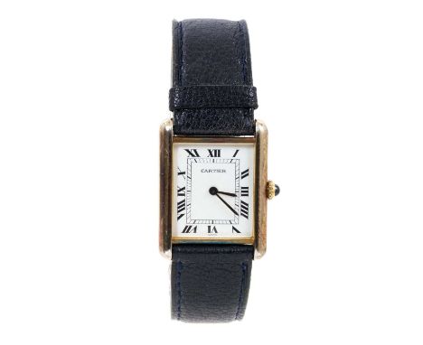 Cartier silver gilt Tank wristwatch with manual wind movement and white enamel dial with cabochon winder on original leather 