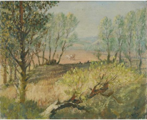 Christopher Perkins (1891-1968) oil on canvas - Wooded Landscape with Horses and Plough and hills beyond, signed and dated 19