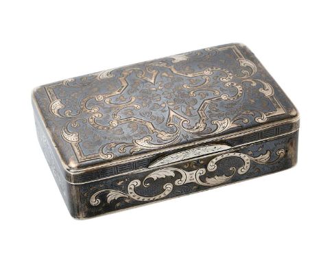 19th century Imperial Russian silver snuff box of rectangular form, with niello work decoration, hinged cover and silver gilt