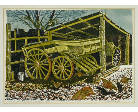 *Richard Bawden (b.1936) linocut - 'Cart on Tom Ives’ Farmyard, Gt Bardfield 1953, titled and signed in pencil, 34cm x 46.5cm