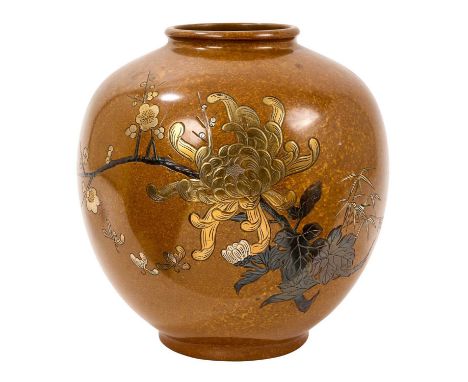 Good quality Japanese bronze and silvered metal vase, ovoid form, with mixed metal inlaid floral spray, 20cm high