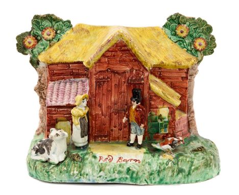 Extremely rare early 19th century Staffordshire pearlware glazed model of the Red Barn at Polstead, polychrome painted, 19cm 