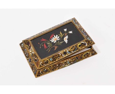 Grand Tour type pietra dura note holder, with inlaid hinged cover, in enamel and ormolu frame, 10.5cm longGood original condi