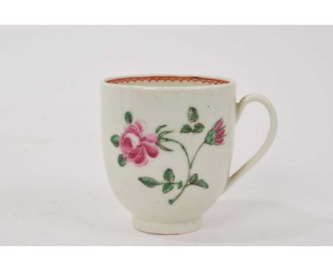 Worcester coffee cup, circa 1770, painted with a pink rose, 6.5cm highSmall footrim chips. Otherwise in good condition. 