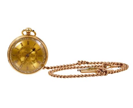 Victorian 18ct gold pocket watch with key wind fusee movement and three colour gilt dial 43mm diameter on 9ct gold chain 40.5