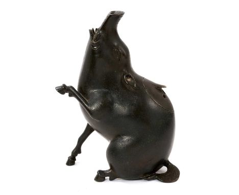19th century Japanese bronze censer in the form of a seated boar, with removable pierced cover, unsigned, 18cm high