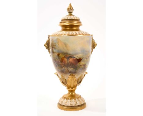 Royal Worcester vase and cover decorated with highland cattle by James Stinton, lion mask handles, model number 2305, 28.5cm 