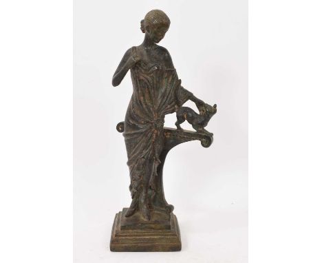 Bronze sculpture of a woman stroking a cat, c.1930s, hollow form on stepped base, 32cm high
