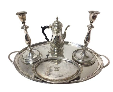 Selection of late 19th century/early 20th century silver plate, including an oval two handled tray and teapot stand, with sim