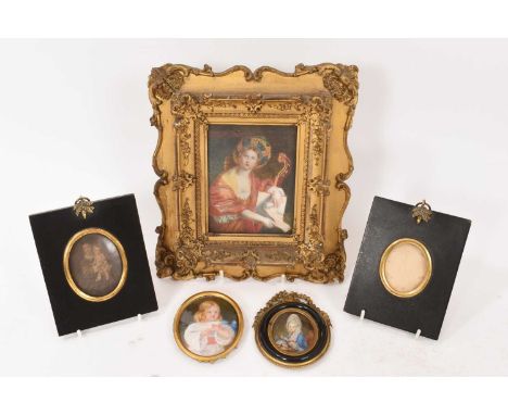 Group of portrait miniatures, including 19th century miniature on ivory after Domenichino, in gilt frame, total size 23 x 19c