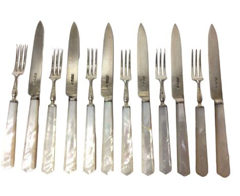 Set of six pairs 1930s fruit knives and forks, with silver blades and mother of pearl handles (Sheffield 1937) Harrison Broth