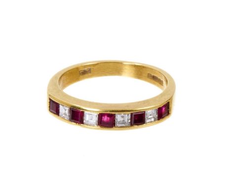 Ruby and diamond eternity ring with five square cut rubies and four square cut diamonds in 18ct gold channel setting, ring si