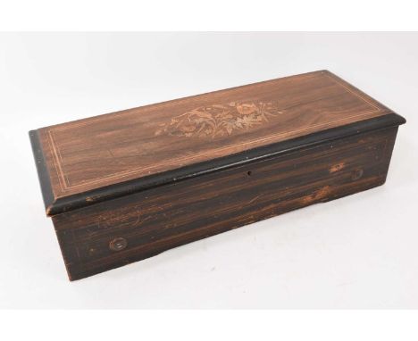 Late 19th century Swiss music box, playing 10 airs, with printed label Etouffoirs en Acier, numbered 10924, in floral inlaid 