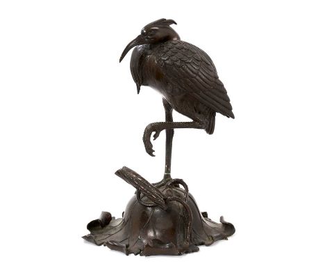 Large Japanese bronze censer in the form of a stork, raised on scrolling leaf base, unsigned, with removable cover, 35cm high