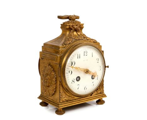 Early 20th century French ormolu Pendule d'Officer mantel clock with circular white enamel dial, cylinder movement striking o