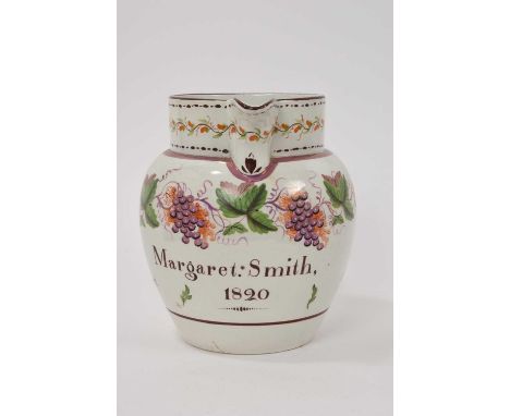 Early 19th century pearlware jug, inscribed 'Margaret Smith 1820 - Time is short - God sees me', with purple lustre and ename