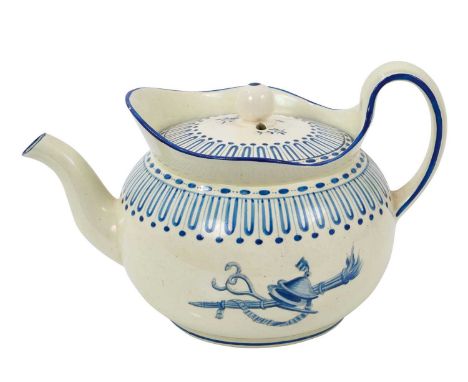 Wedgwood Queensware small teapot and cover, circa 1815-20, painted in bright blue enamel with military trophies, impressed ma