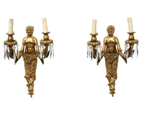 Good quality 19th century French pair of gilt bronze wall appliques, in the Empire style, each of tern form with twin scrolli