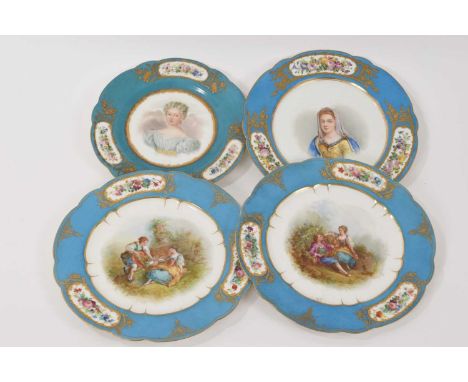 A pair of Sèvres cabinet plates painted with figural scenes on a bleu celeste ground with floral panels, together with two Sè