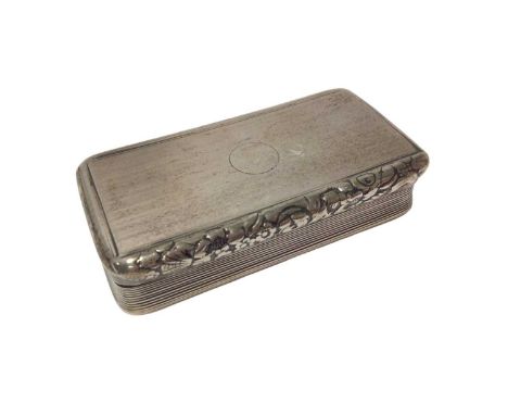 George III silver snuff box of rectangular form, with engine turned decoration, silver gilt interior and hinged cover, with e