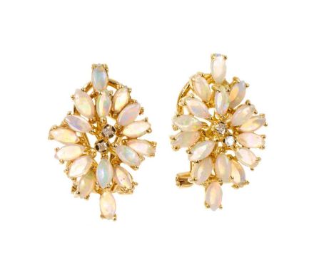 Pair of opal and diamond cluster earrings, the stylised flower with two brilliant cut diamonds and marquise shape opal petals