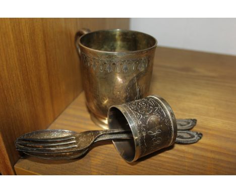 SILVER: A CHRISTENING MUG, LONDON 1867; A NAPKIN RING, BIRMINGHAM 1898, BOTH MONOGRAMMED JRP; CHRISTENING SPOON AND FORK, BIR