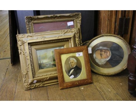 Three Victorian portraits of gentlemen, a Dutch style painting on board of a winter scene and a tapestry
