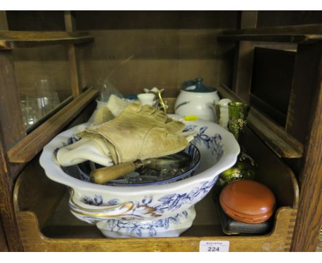 Various Victorian ceramic ornaments, two Denby stoneware jugs, a Victorian serving bowl, glass stoppers, gloves, leather wall