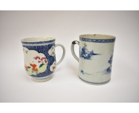 An early 19th Century Chinese baluster tankard, blue and white pattern with hand-painted cartouches depicting child and figur
