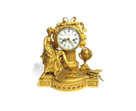 An early 19th Century French gilt metal mantel clock depicting Urania, white enamel Roman numeral dial with outer Arabic trac