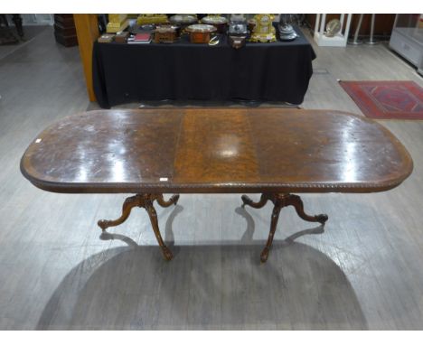A "Derry &amp; Toms London" (Kensington High St. Department Store) George II revival crossbanded burr walnut D-end top extend