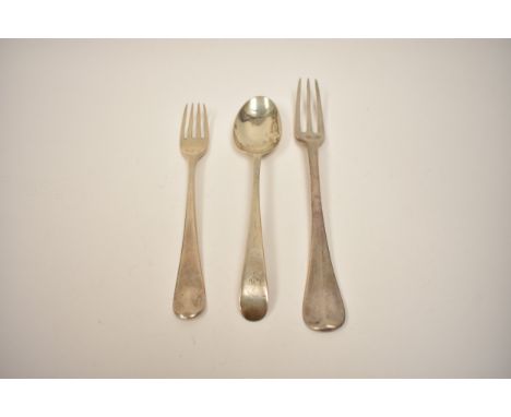 A child's George III silver spoon and fork, London 1781 and 1784 and an earlier fork by Richard Scarlett 1725  (3) 115g
