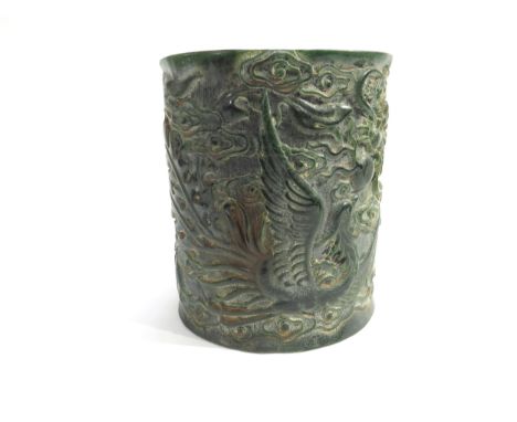 A Chinese Jade brush pot, 15cm tall