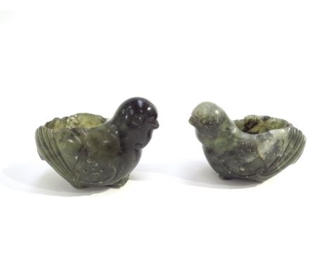 A pair of 18th Century Chinese carved cabbage jade scribe's water pots of bird form