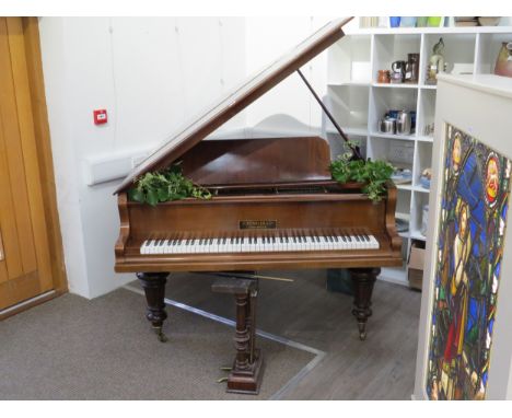 A C. Kemmler &amp; Co. of Osnabruck baby grand piano, walnut cased, raised on turned and reeded supports to brass castors, ap