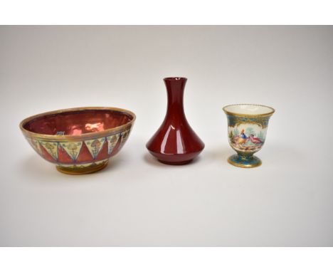 A Bernard Moore flambé glaze vase with signature to base, 10cm tall, a Serves style turquoise and gilt coffee cup with exotic